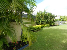 A well-maintained garden with palm trees, neatly trimmed hedges, and a grassy lawn.