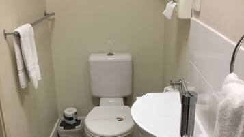 Une petite salle de bain comprenant des toilettes, un lavabo, un porte-serviettes et un sèche-cheveux posé sur une étagère.