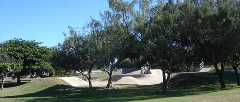 A skate park with ramps and trees.