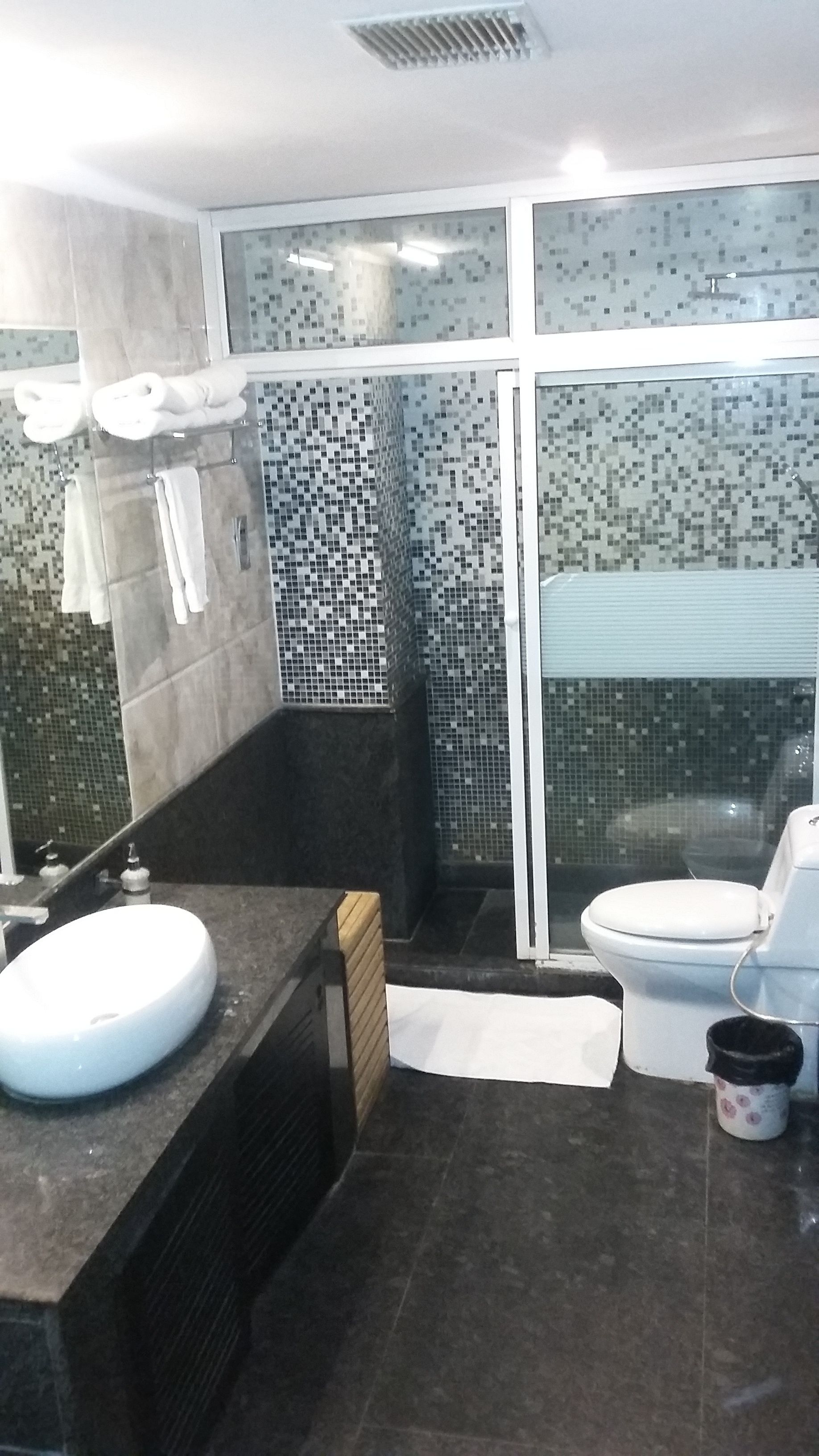 A modern bathroom with a large sink, a toilet, and a shower area.