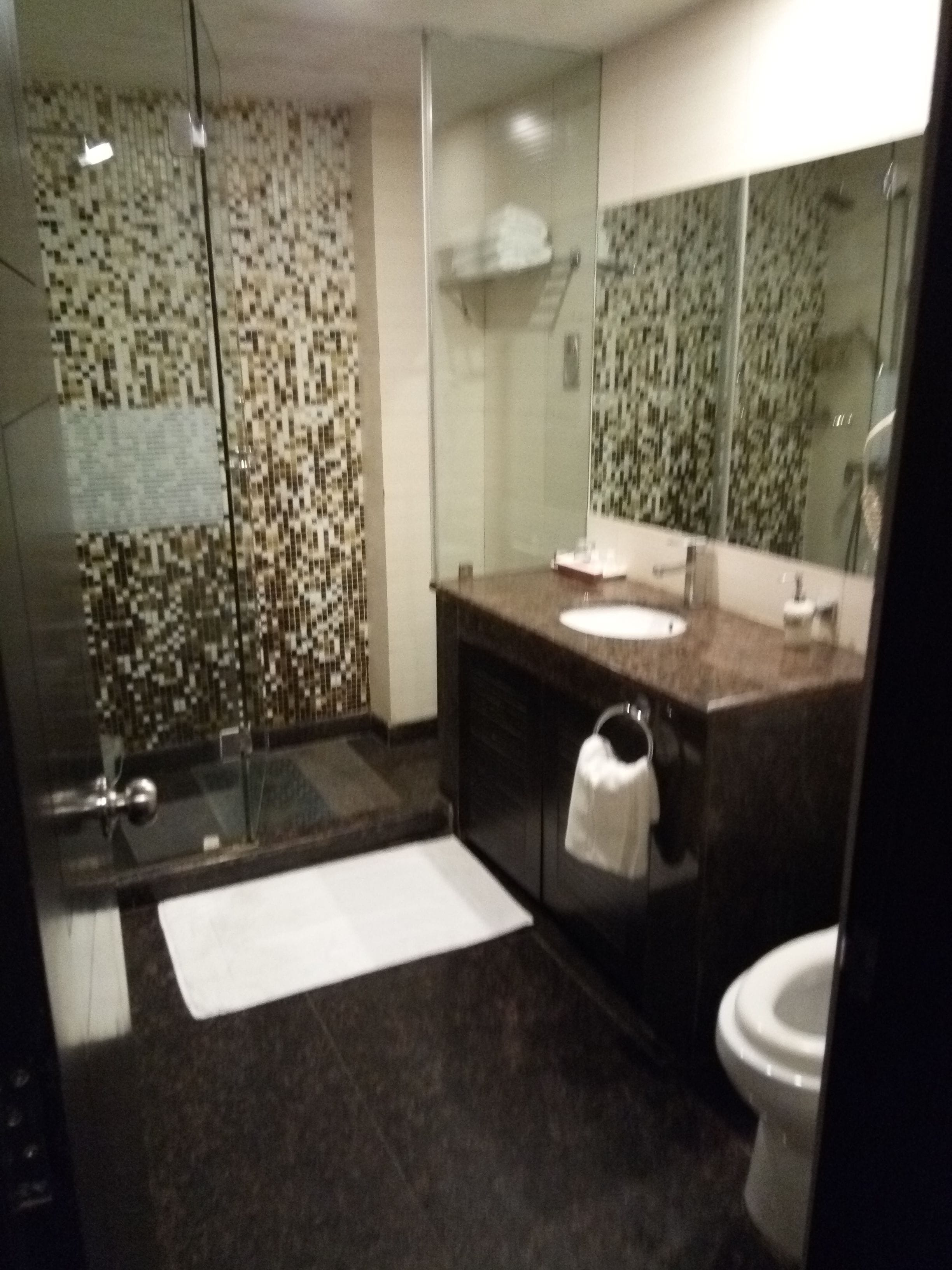 A modern bathroom with a glass shower enclosure, a dark marble vanity, and a white toilet.
