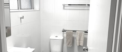 A small, modern bathroom with a toilet, sink, and mirror.