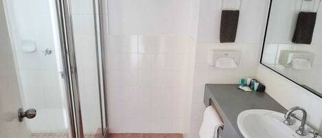 Une salle de bain avec une porte de douche en verre, un lavabo, un miroir et un porte-serviettes.