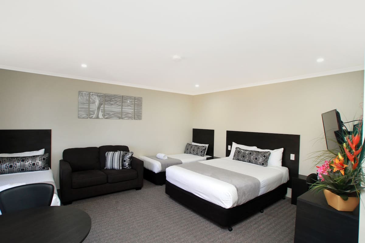 A hotel room with a large bed, a sofa, a desk, and a potted plant.