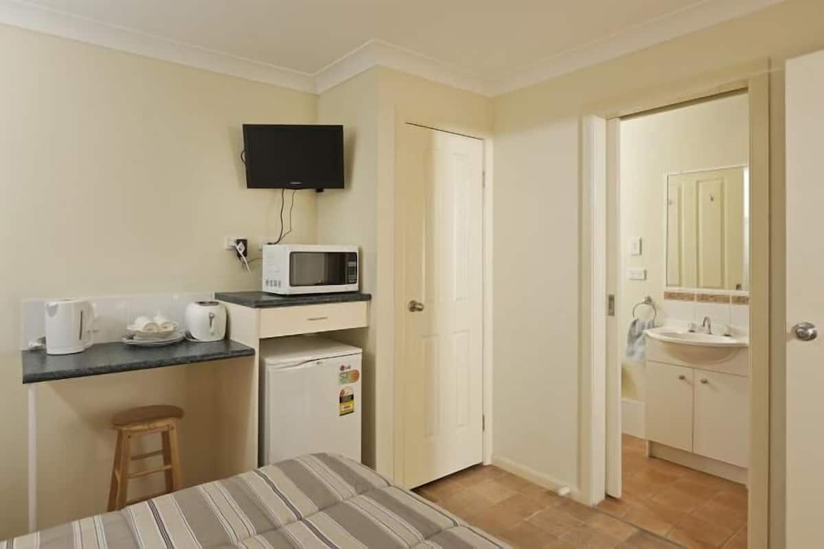 A compact room with a bed, a kitchenette with a microwave, a small refrigerator, a TV mounted on the wall, and a bathroom with a sink and mirror.