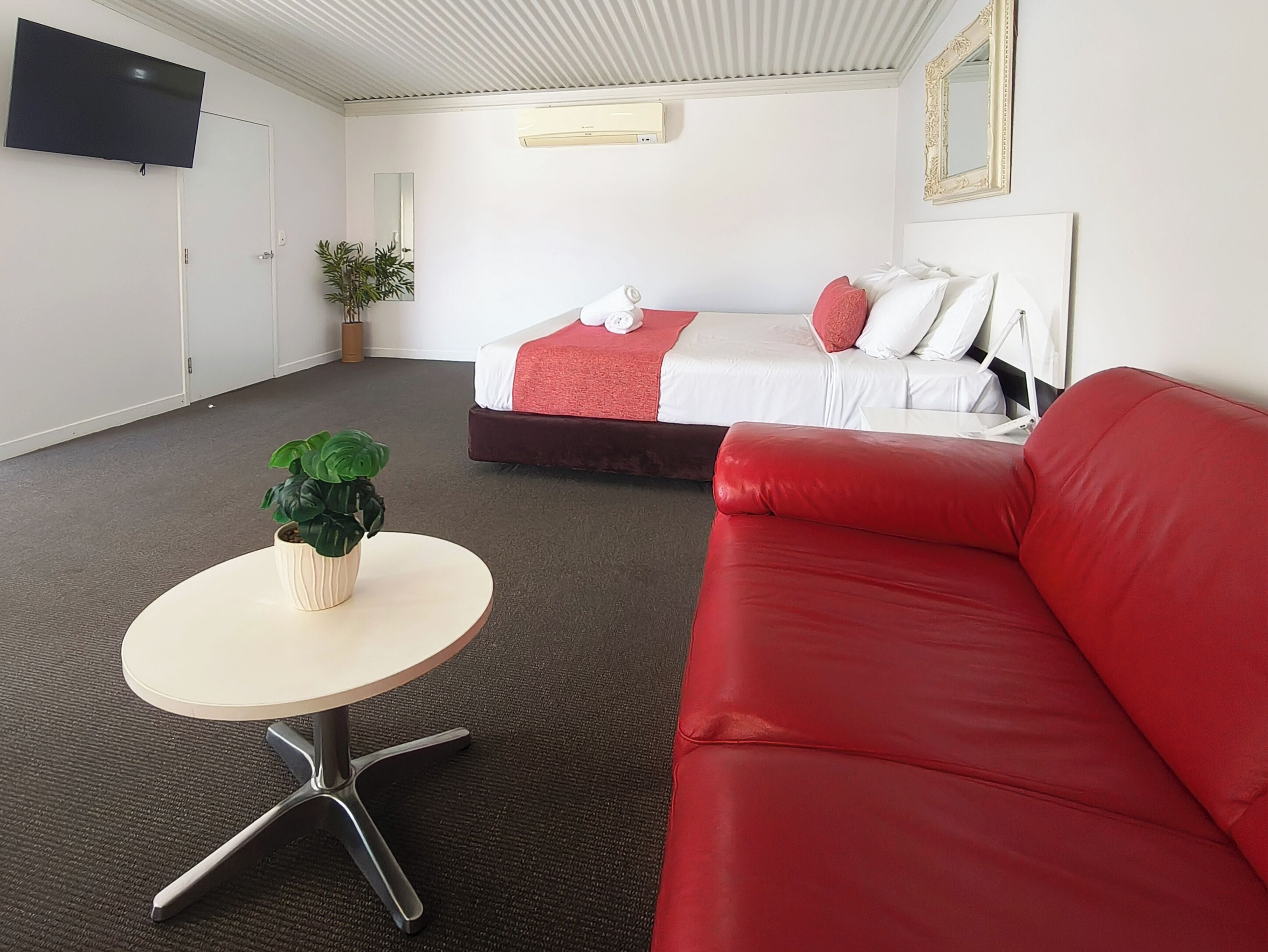 A hotel room with a bed, a red couch, a small round table with a plant, a TV mounted on the wall, and a mirror above the bed.