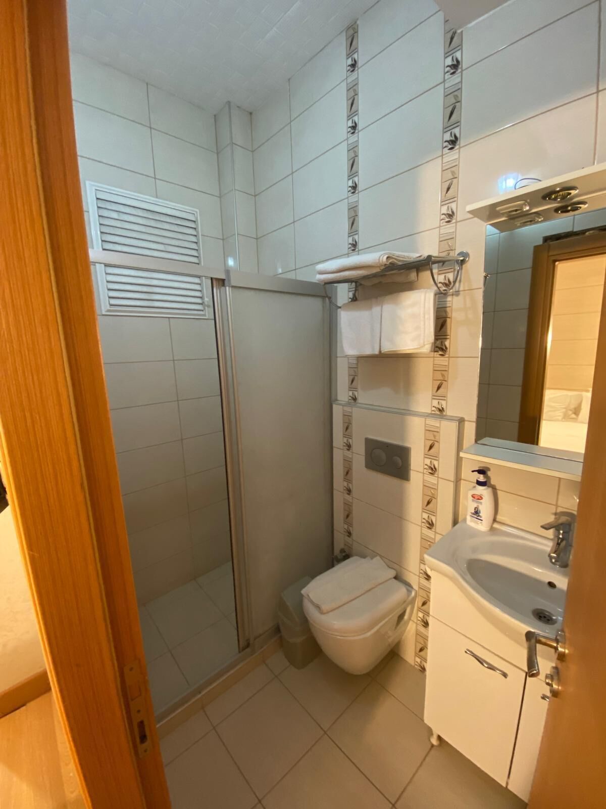 Een badkamer met douche, toilet, wastafel en handdoekrek.