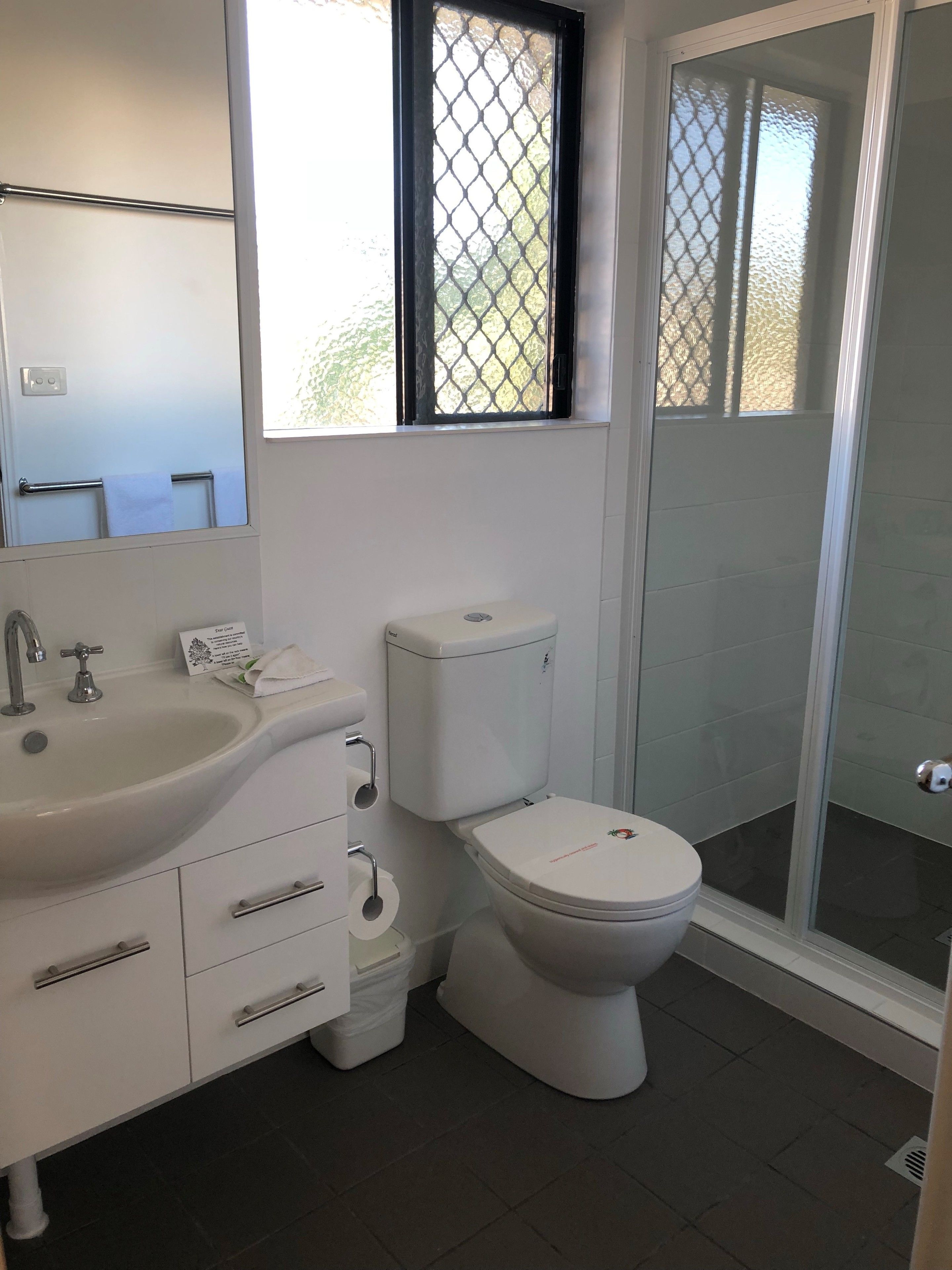 Shower, free toiletries, hair dryer, towels
