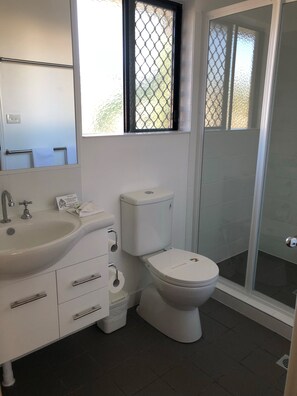 Shower, free toiletries, hair dryer, towels