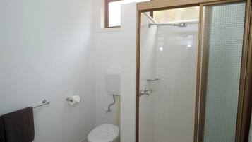 A bathroom with a toilet, a towel rack, a shower with a glass door, and a window above the shower.