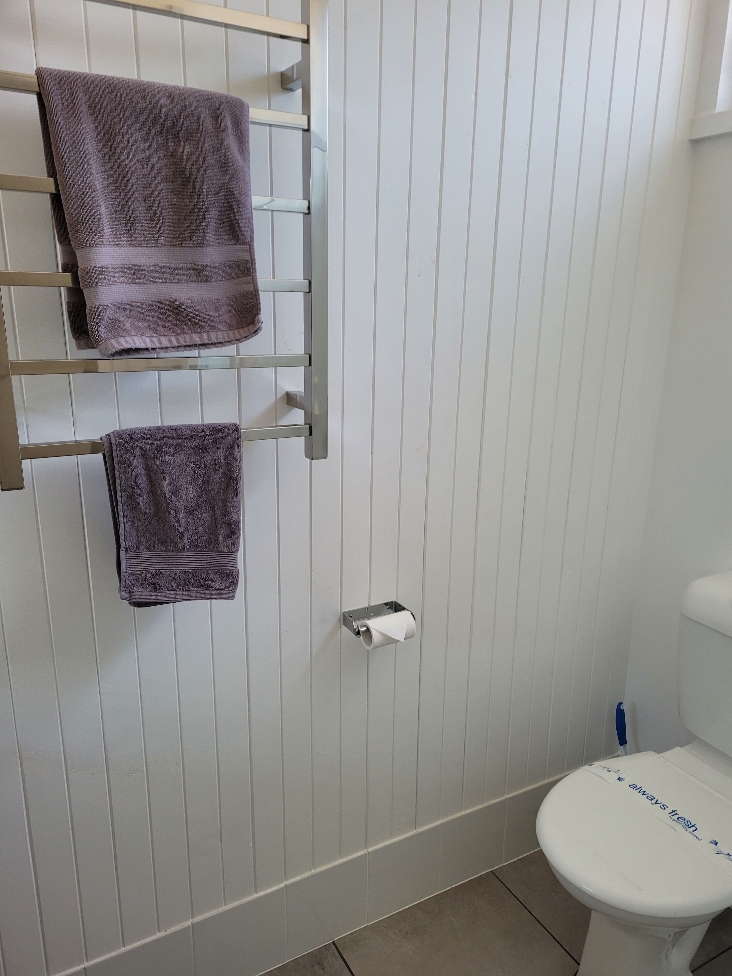 A bathroom with a white toilet, a towel rack with two towels, and a toilet paper holder.