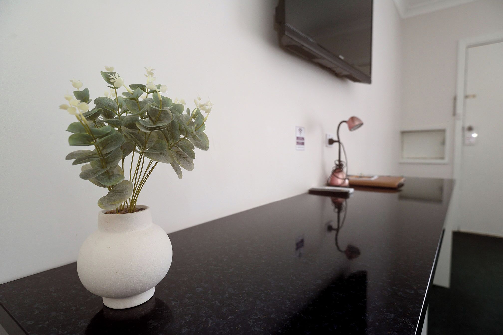 Un vase blanc orné de feuillage vert, posé sur un comptoir noir, un téléviseur fixé au mur et une porte en arrière-plan.