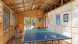 Une table de ping-pong dans une pièce en bois, les murs étant ornés de tableaux encadrés représentant des animaux marins.