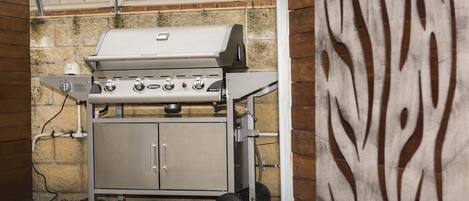 Ein tragbarer Gasgrill mit vier Brennern, einem Seitenbrenner und einem Stauraumschrank, vor einer Steinwand platziert.
