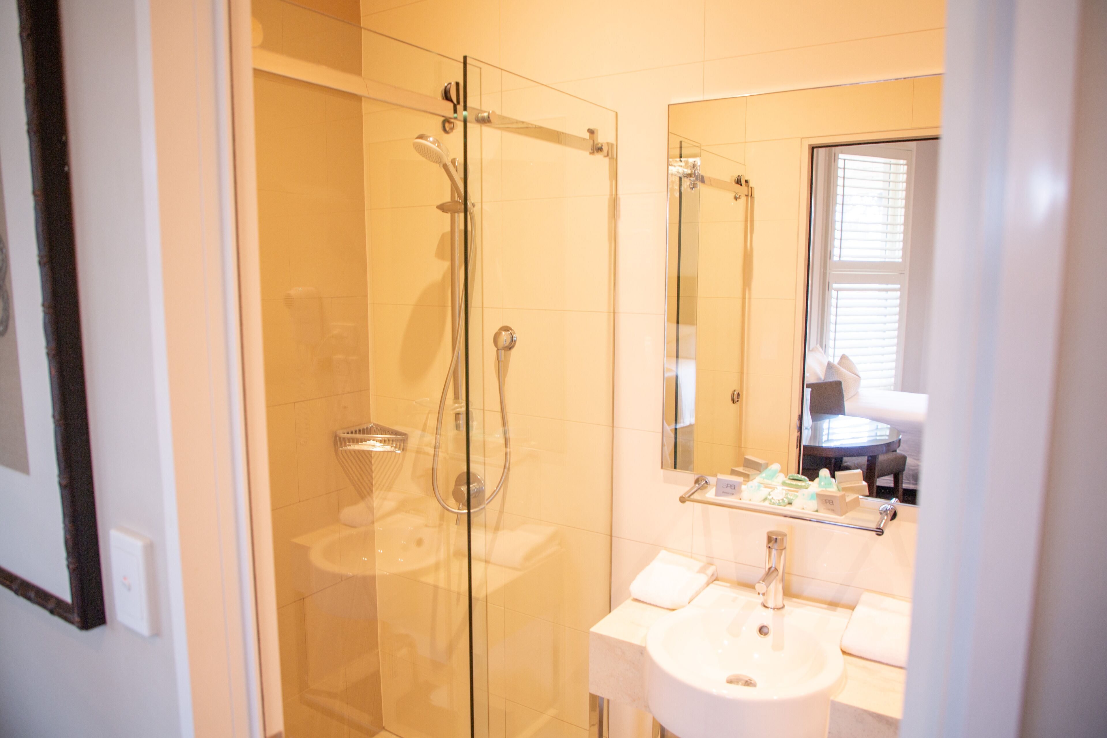 shower, free toiletries, hair dryer, towels