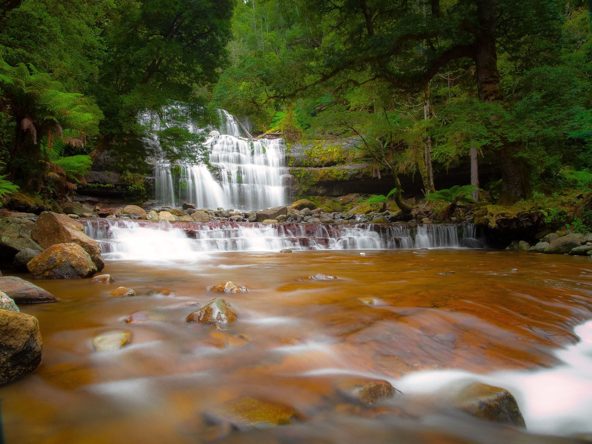 A waterfall cascading over rocks into a river surrounded by dense green forest.