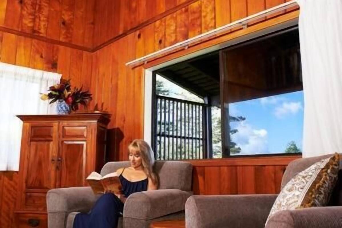 Um quarto aconchegante com paredes de madeira, uma janela grande e duas poltronas.