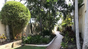 Un chemin sinueux en briques, aménagé dans un jardin bien entretenu, où l’on trouve diverses plantes et arbres.