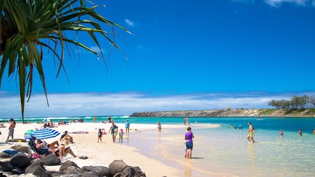 Une plage avec une eau turquoise et limpide, des gens qui se baignent et prennent des bains de soleil, et un palmier sur la gauche.