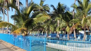 A fenced pool area with palm trees and lounge chairs. - Central Tourist Park (North Mackay)