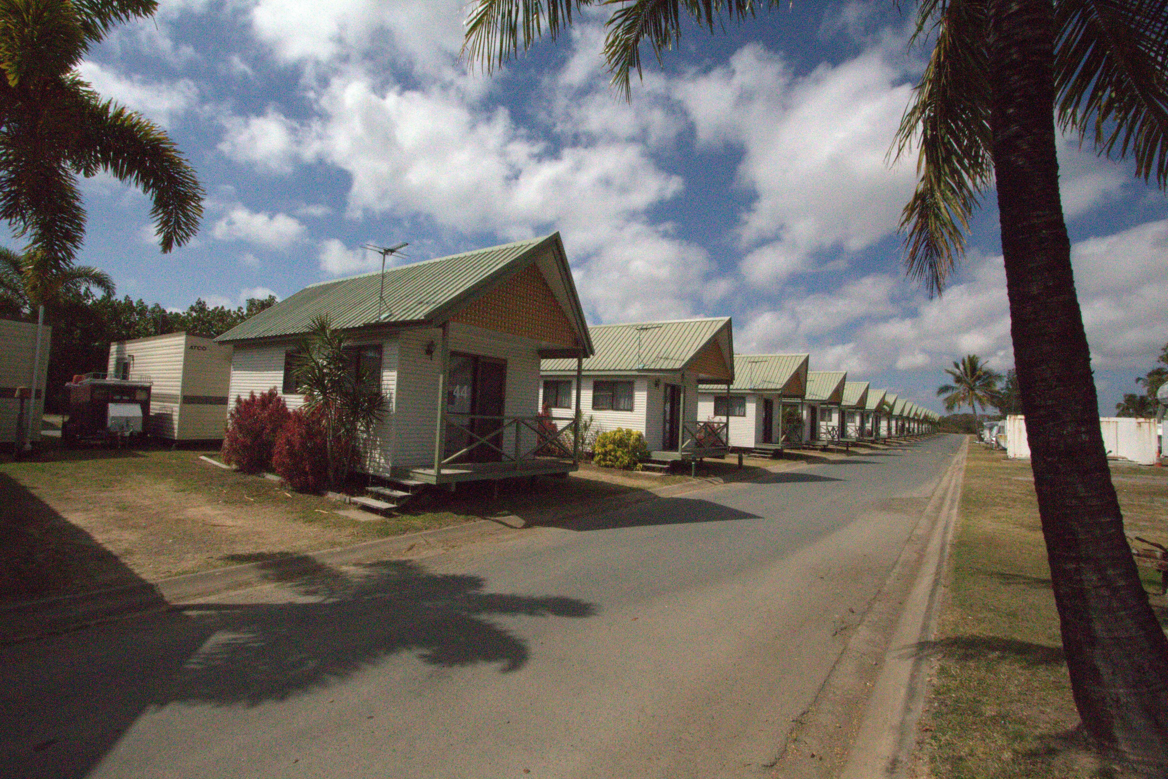 A row of single-story mobile homes with sloped roofs, arranged along a street with palm trees and a clear sky.
