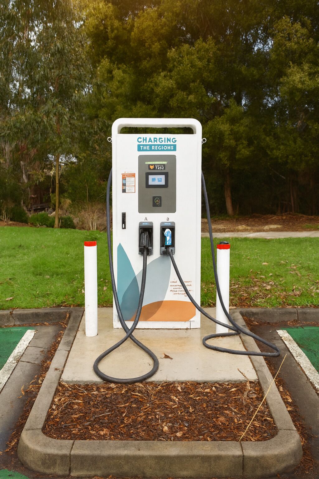 A public electric vehicle charging station with two charging ports, a digital display, and a control panel.