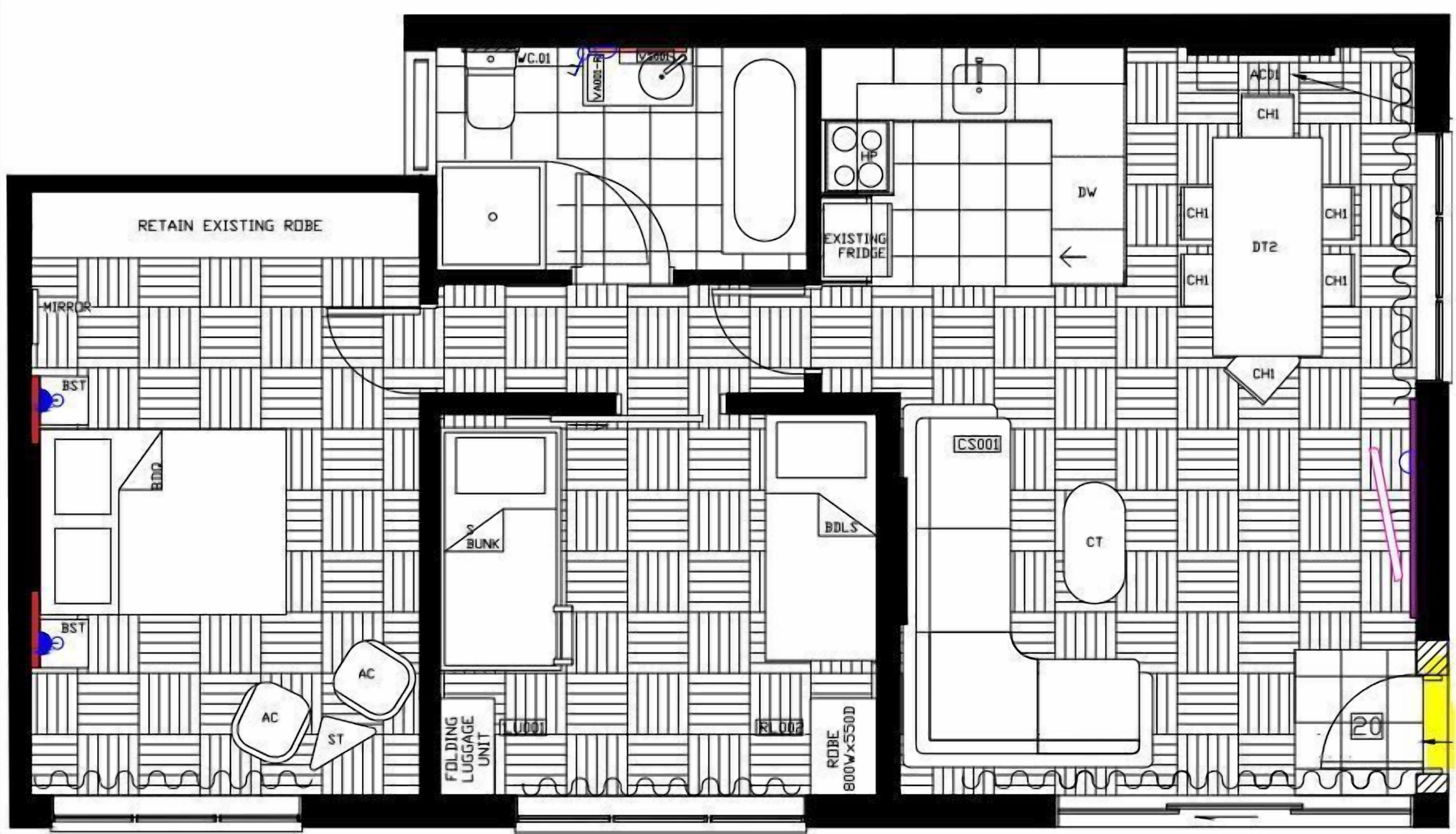 Pianta dettagliata di un hotel con una sezione 'Retain Existing ROOF', diverse stanze contrassegnate come 'CH1', un'area con cuccette e un mobile contenitore pieghevole per bagagli.