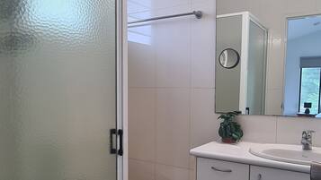 A bathroom with a toilet, a sink, a mirror, and a ceiling fan.