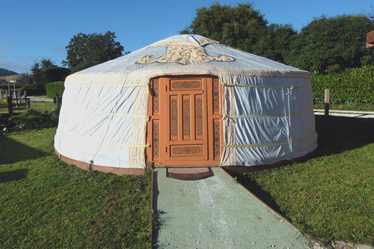 A traditional yurt with a wooden door, surrounded by a grassy area and trees.