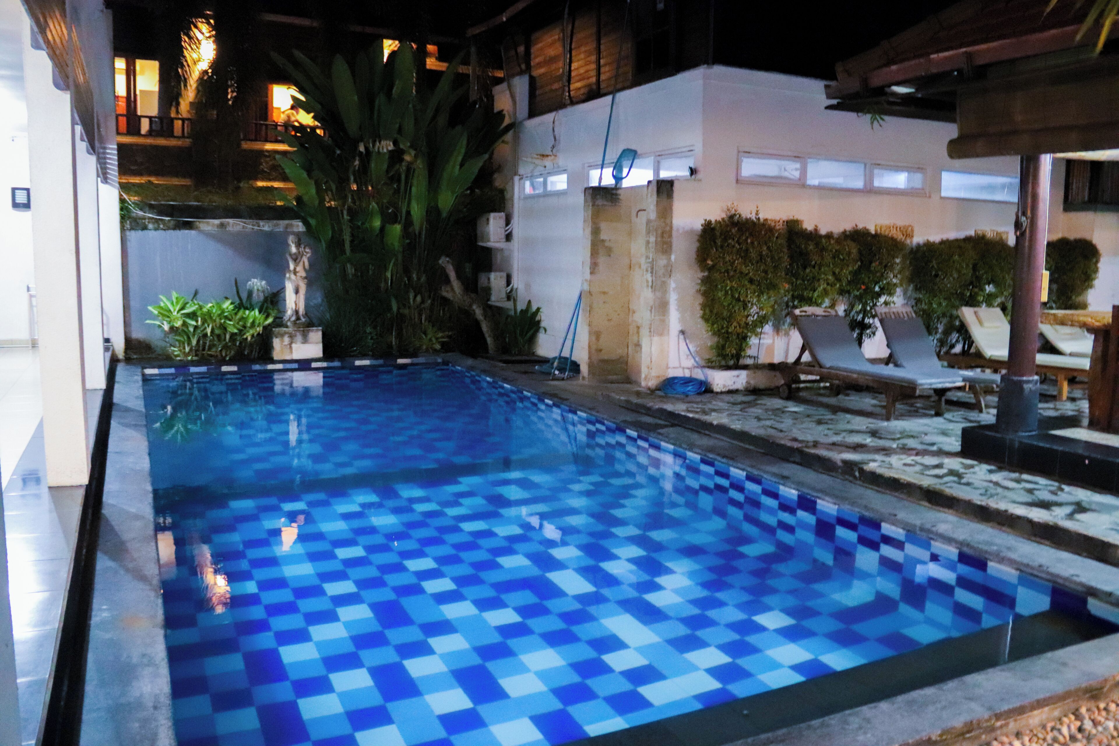 A swimming pool with a blue checkered pattern, surrounded by lounge chairs and potted plants.