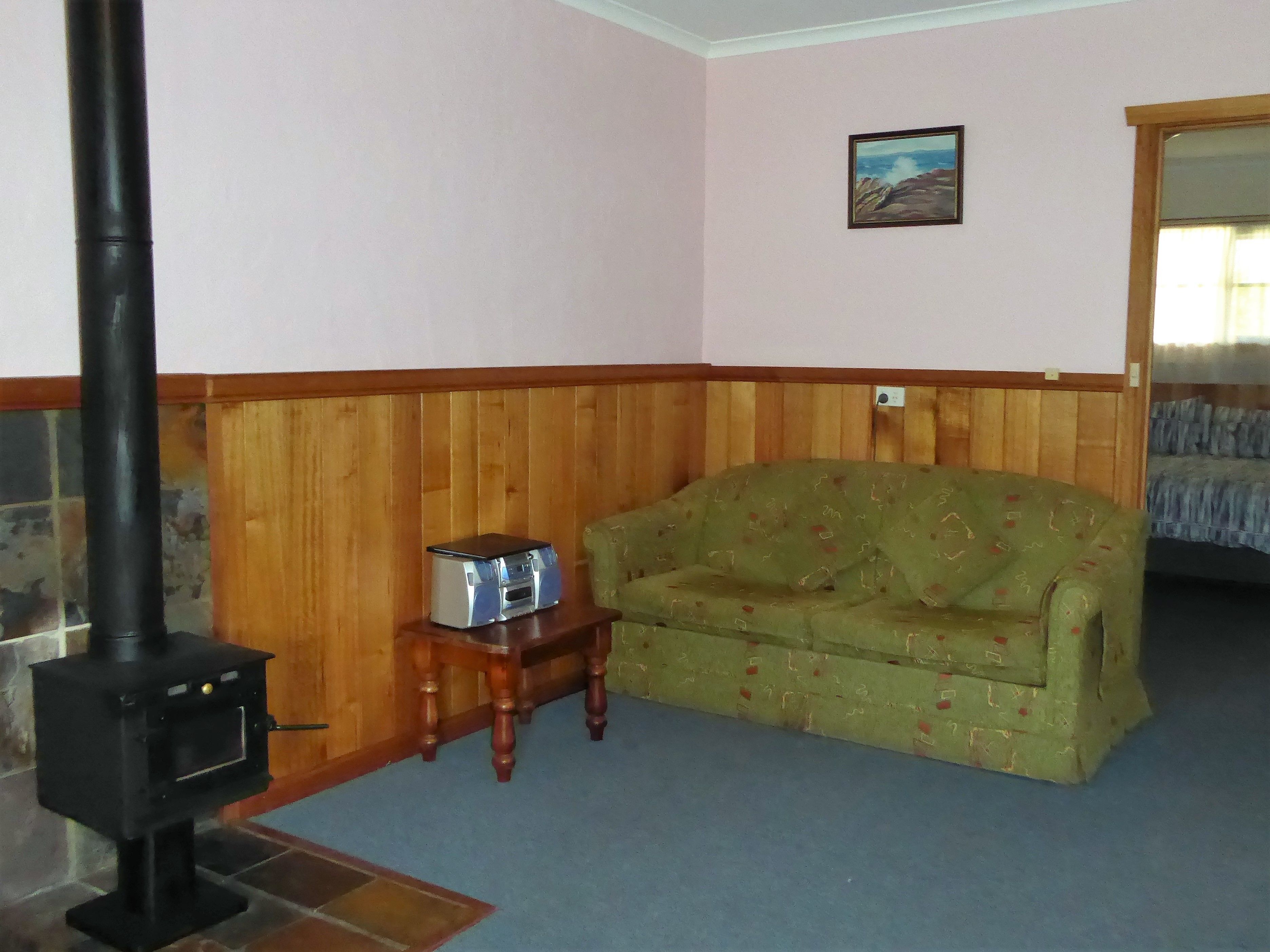 A living room with a green sofa, a small wooden table, and a black stove.