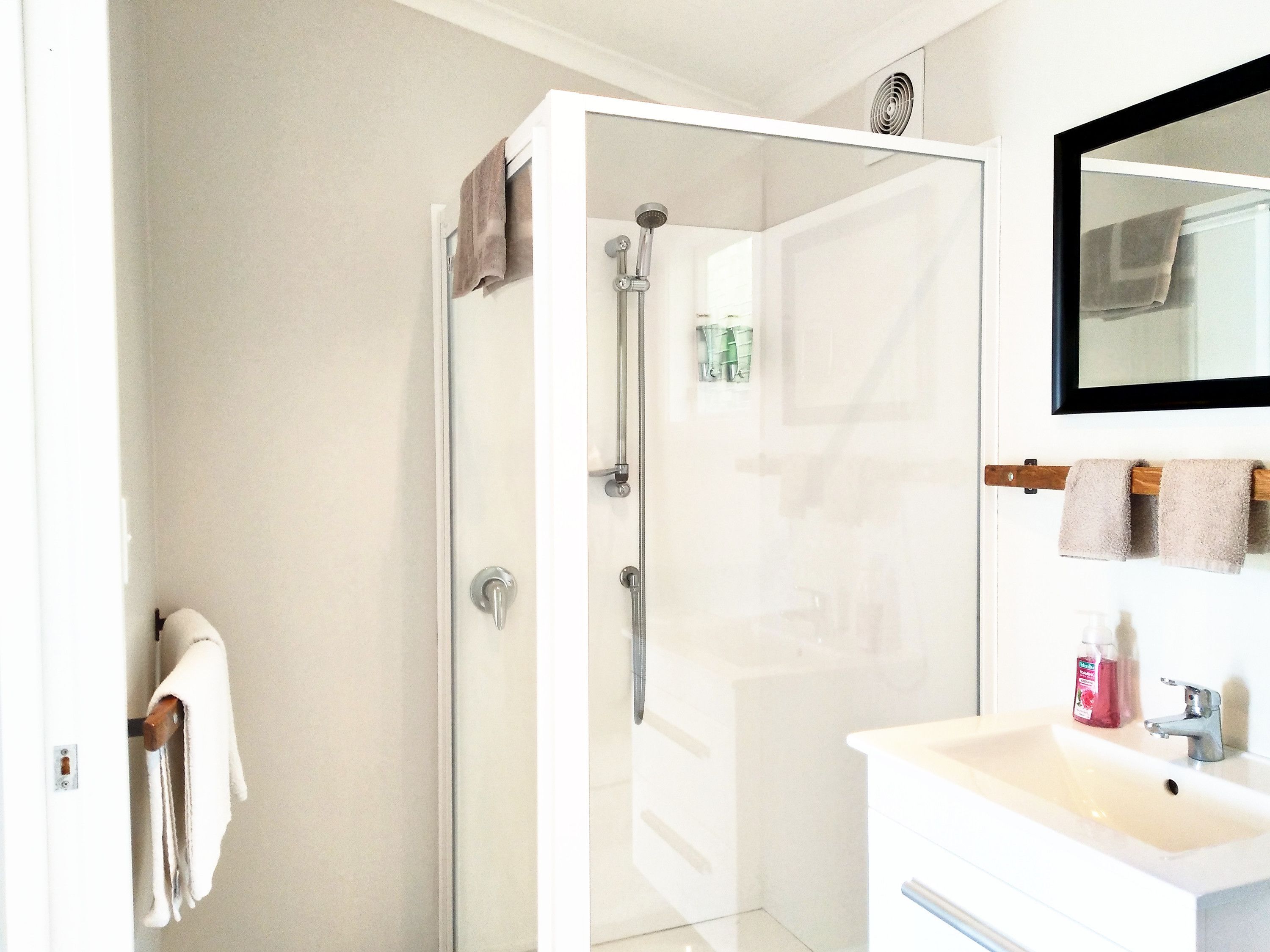 A modern bathroom with a glass shower enclosure, a white sink, and a mirror above it.