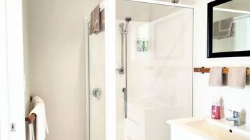 A modern bathroom with a glass shower enclosure, a white sink, and a mirror above it.