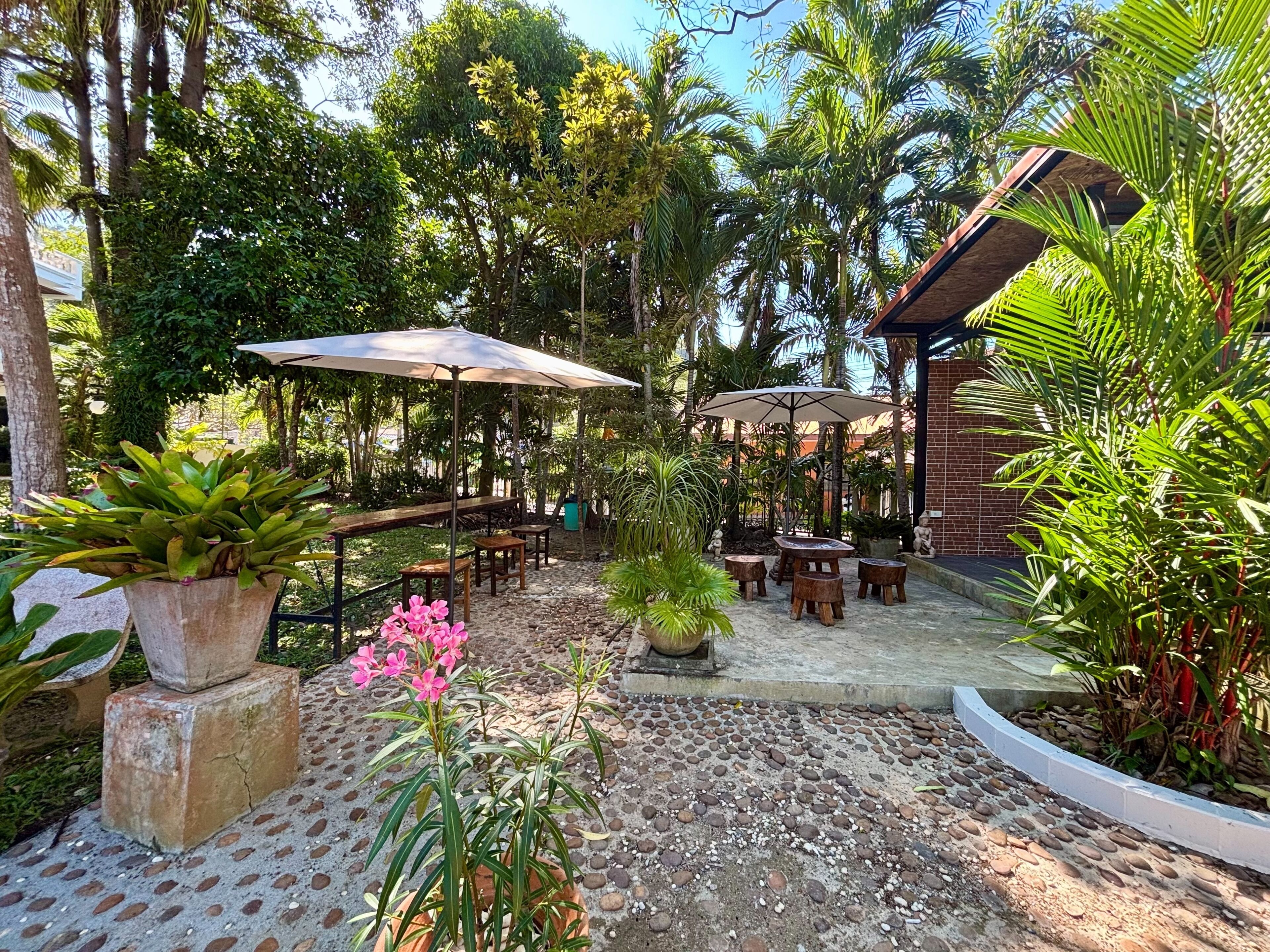 An outdoor patio area with tables and chairs, surrounded by lush greenery and palm trees.