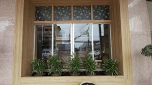 Una ventana con marco de madera, varias plantas en macetas y un jarrón.