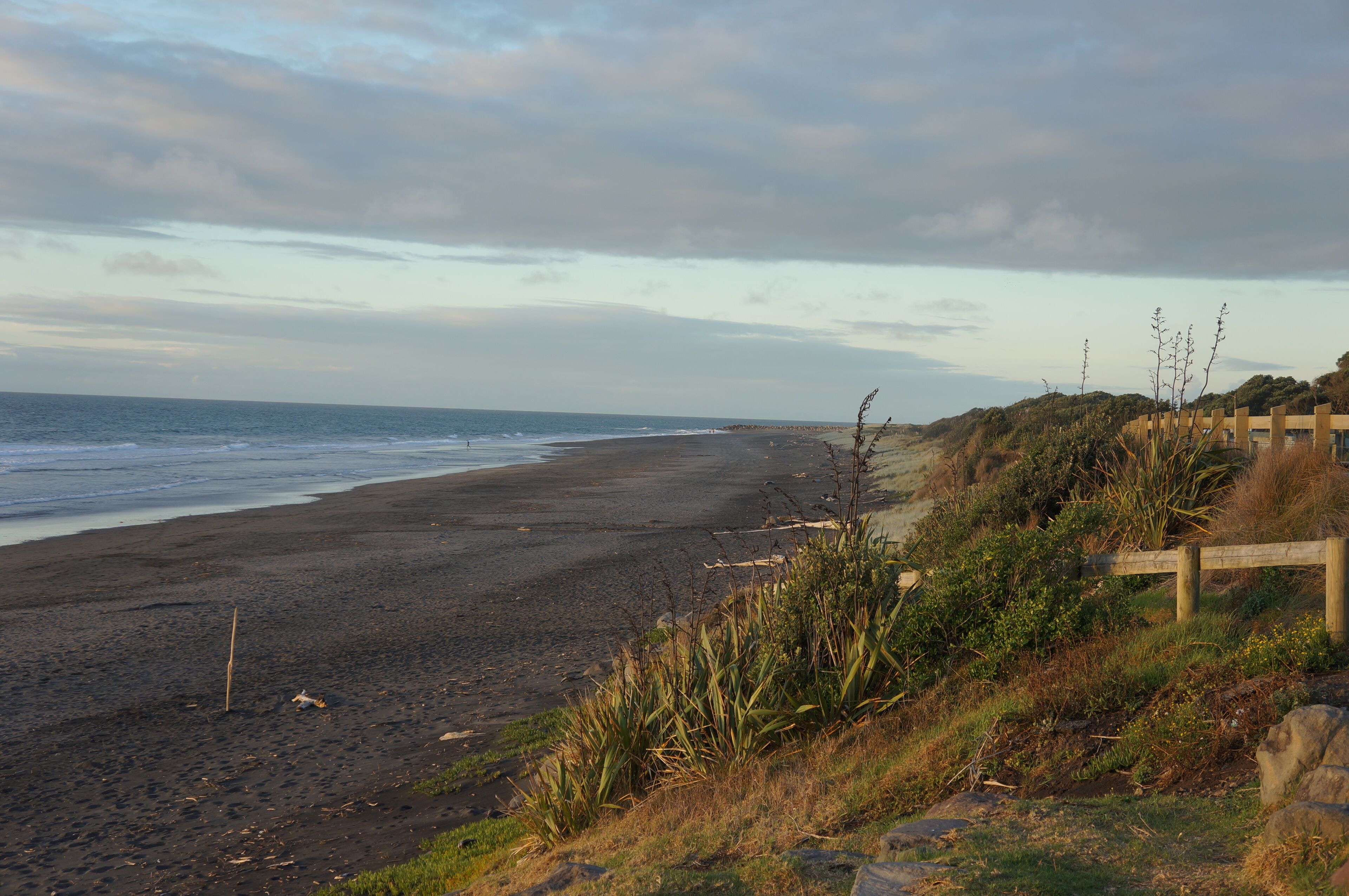 A beach with a wooden fence and vegetation.