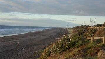 A beach with a wooden fence and vegetation.