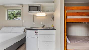 Una habitación pequeña con cama, un kitchenette reducido, microondas y literas.