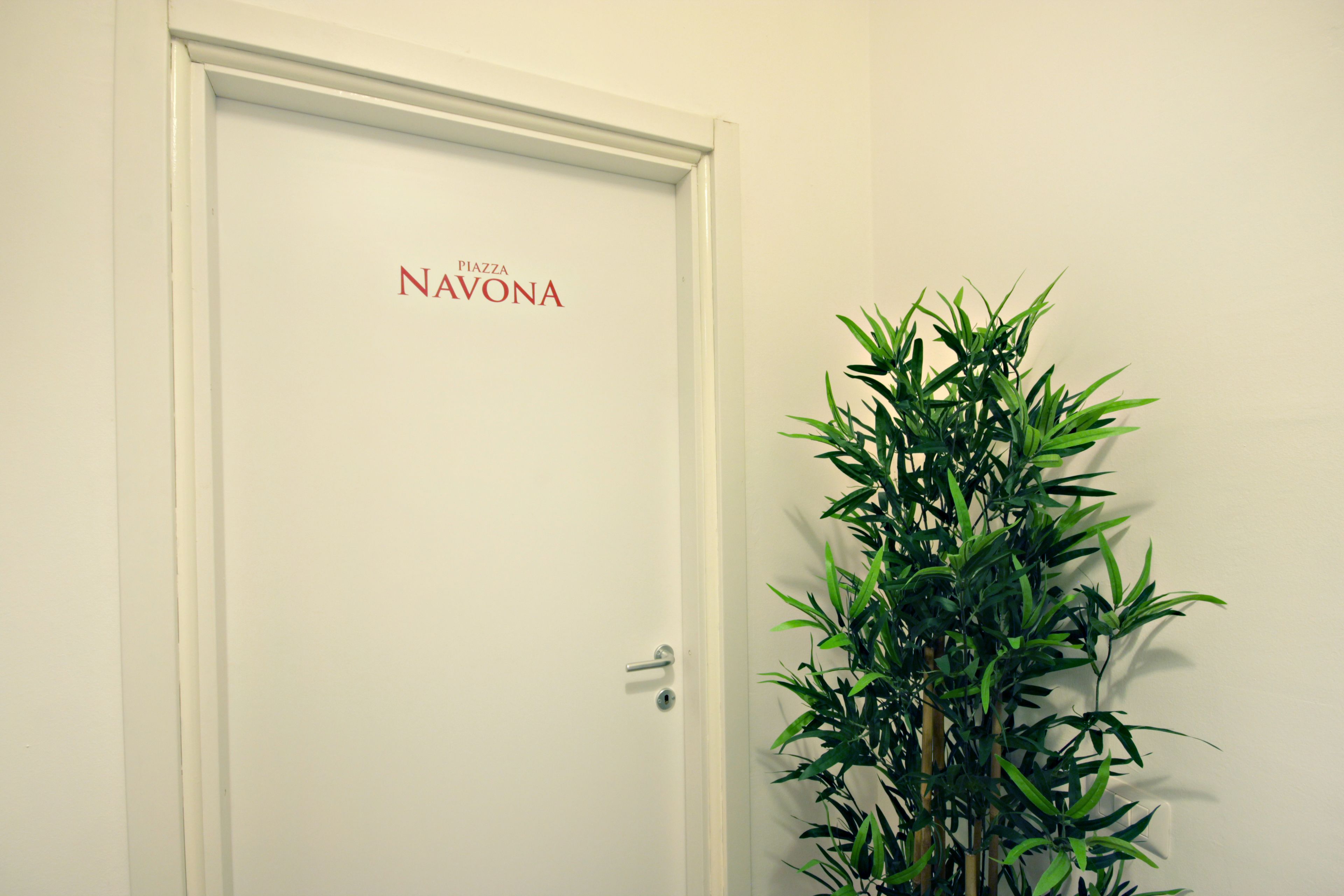 A closed door with the text "PIAZZA NAVONA" and a potted plant beside it.