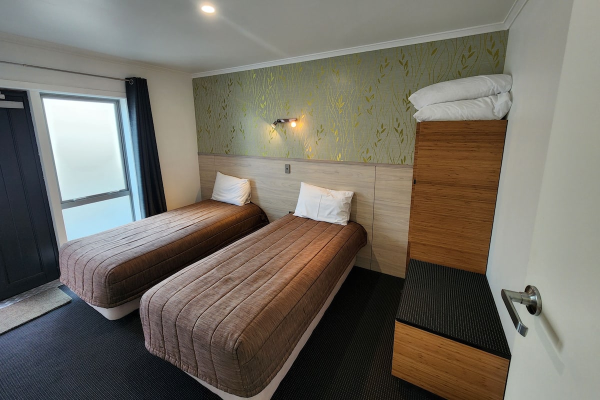 A hotel room with two single beds, a wooden headboard, a green patterned wall, a window with curtains, and a door with a handle.