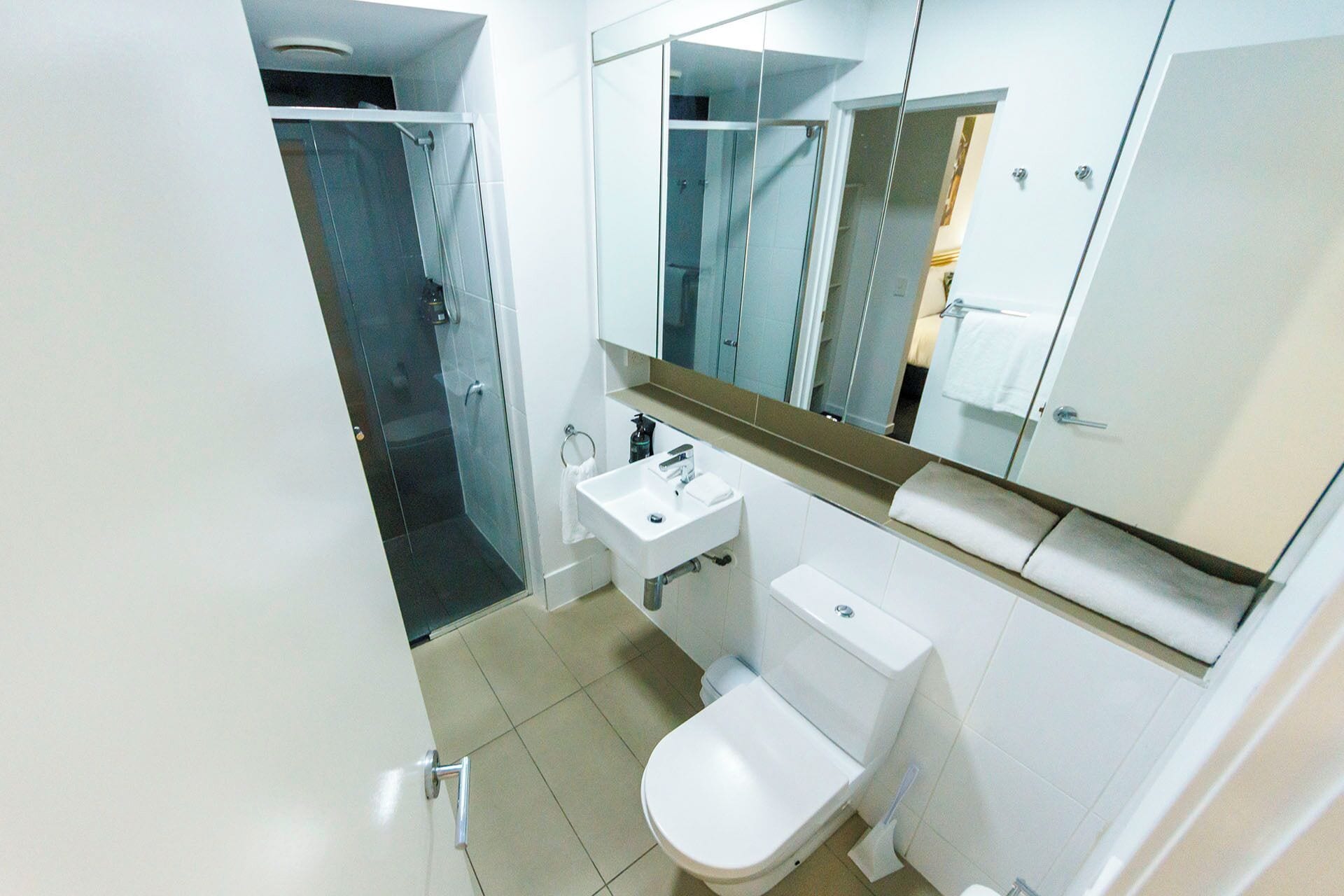 Une salle de bain équipée d’une douche, d’un lavabo, de toilettes et d’un grand miroir.