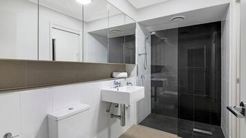 Shower, free toiletries, towels