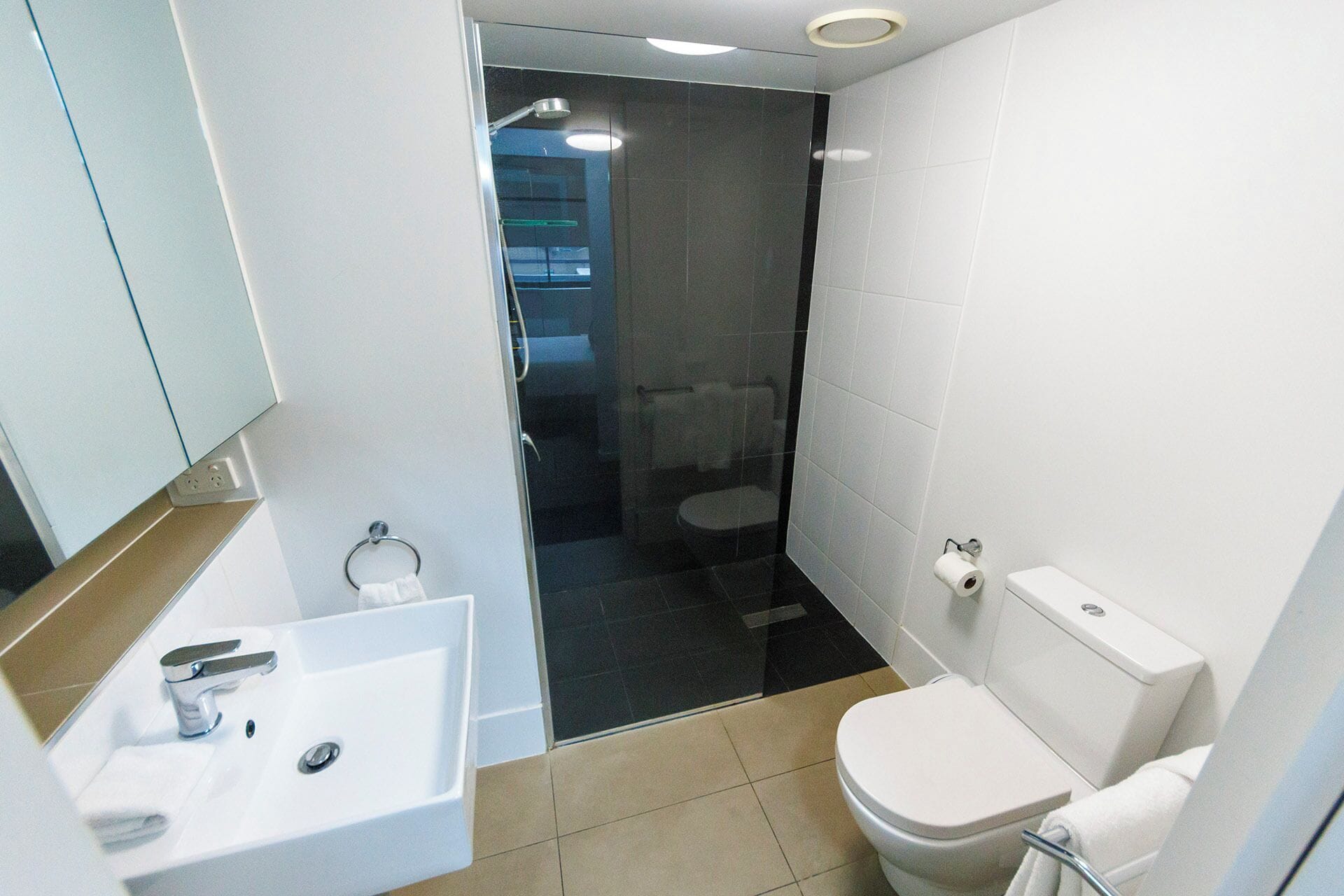 Een badkamer met een wit wastafelmeubel, toilet en douche.