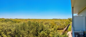 A balcony with a view of a dense bushland and distant hills. - Mackay Oceanside Central Hotel (East Mackay)