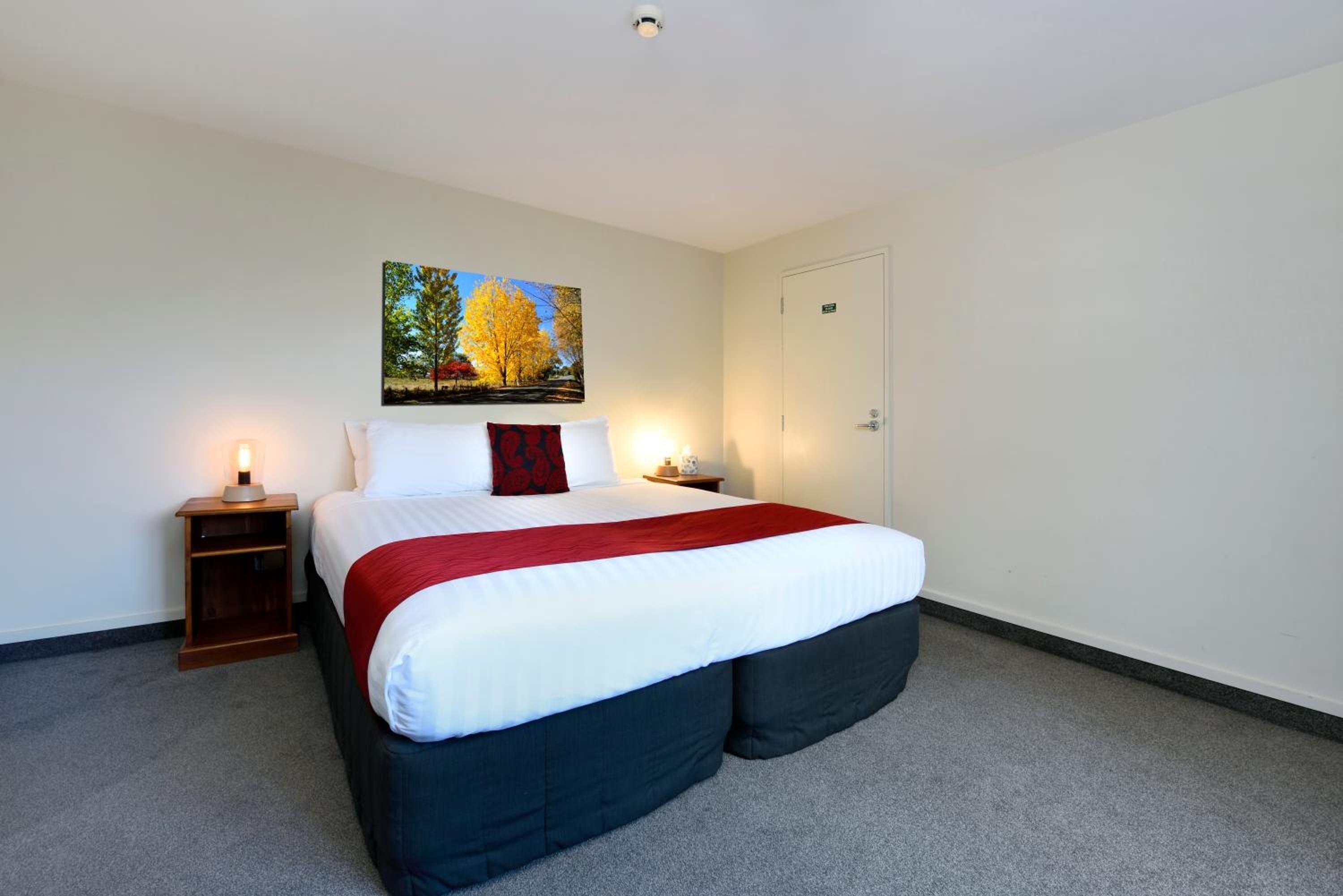 A hotel room with a large bed, a nightstand with a lamp, a painting on the wall, and a door.