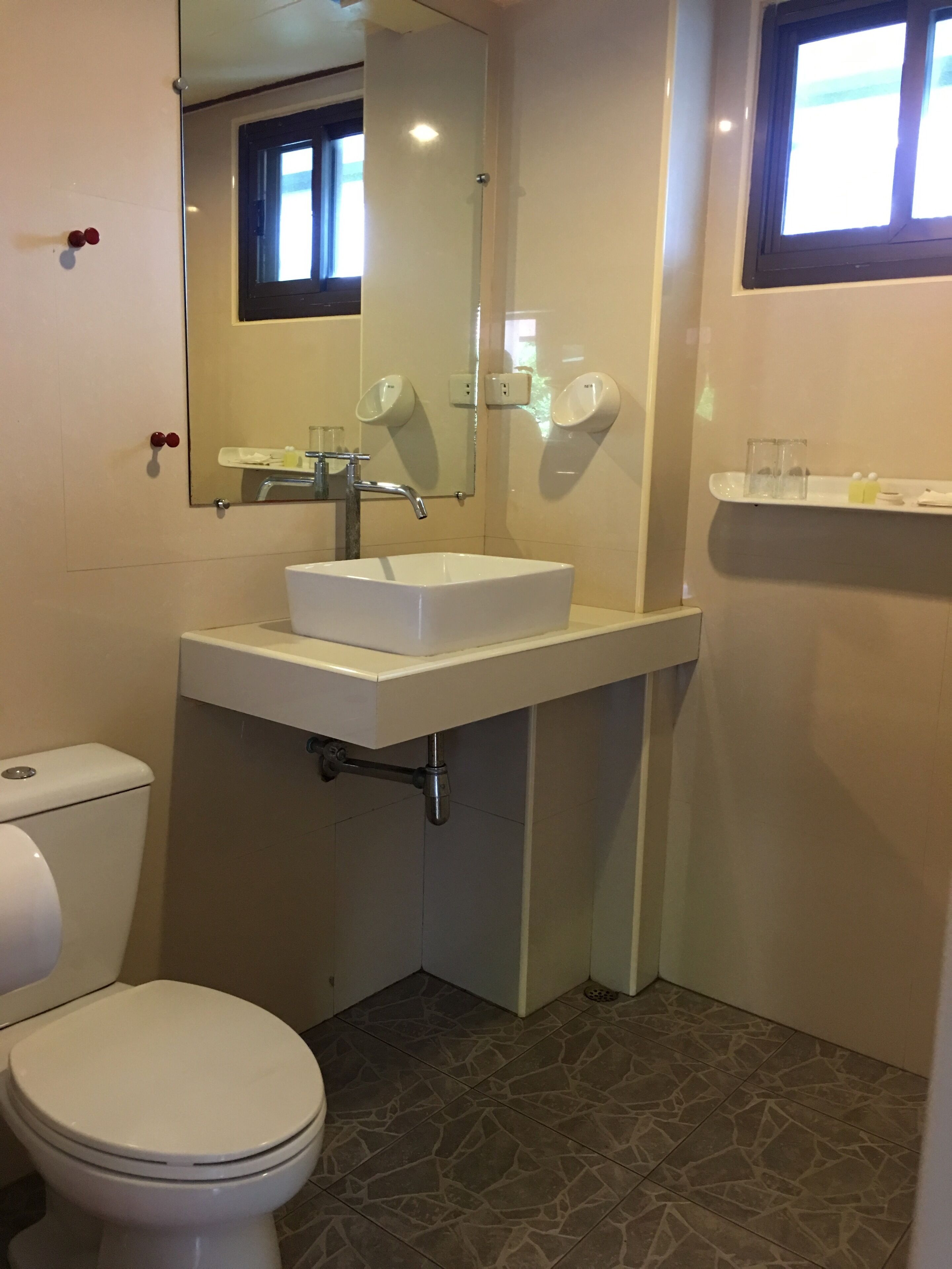 A small bathroom with a white toilet, a white sink, and a mirror above the sink. There is a window above the sink and a shelf with toiletries.