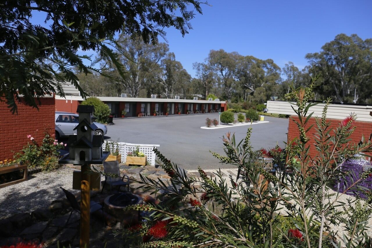 Un motel con un área de estacionamiento central, rodeado de árboles y follaje.