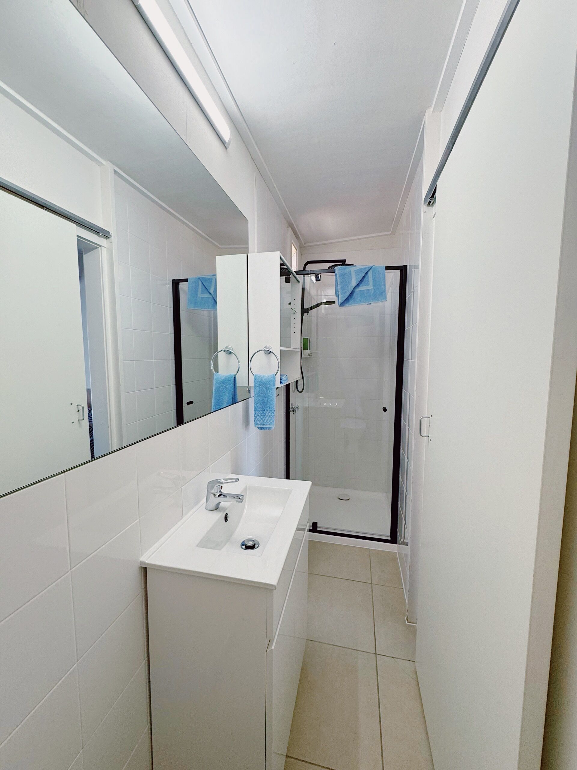 Un baño estrecho con un lavamanos blanco, un espejo y un box de ducha de vidrio.