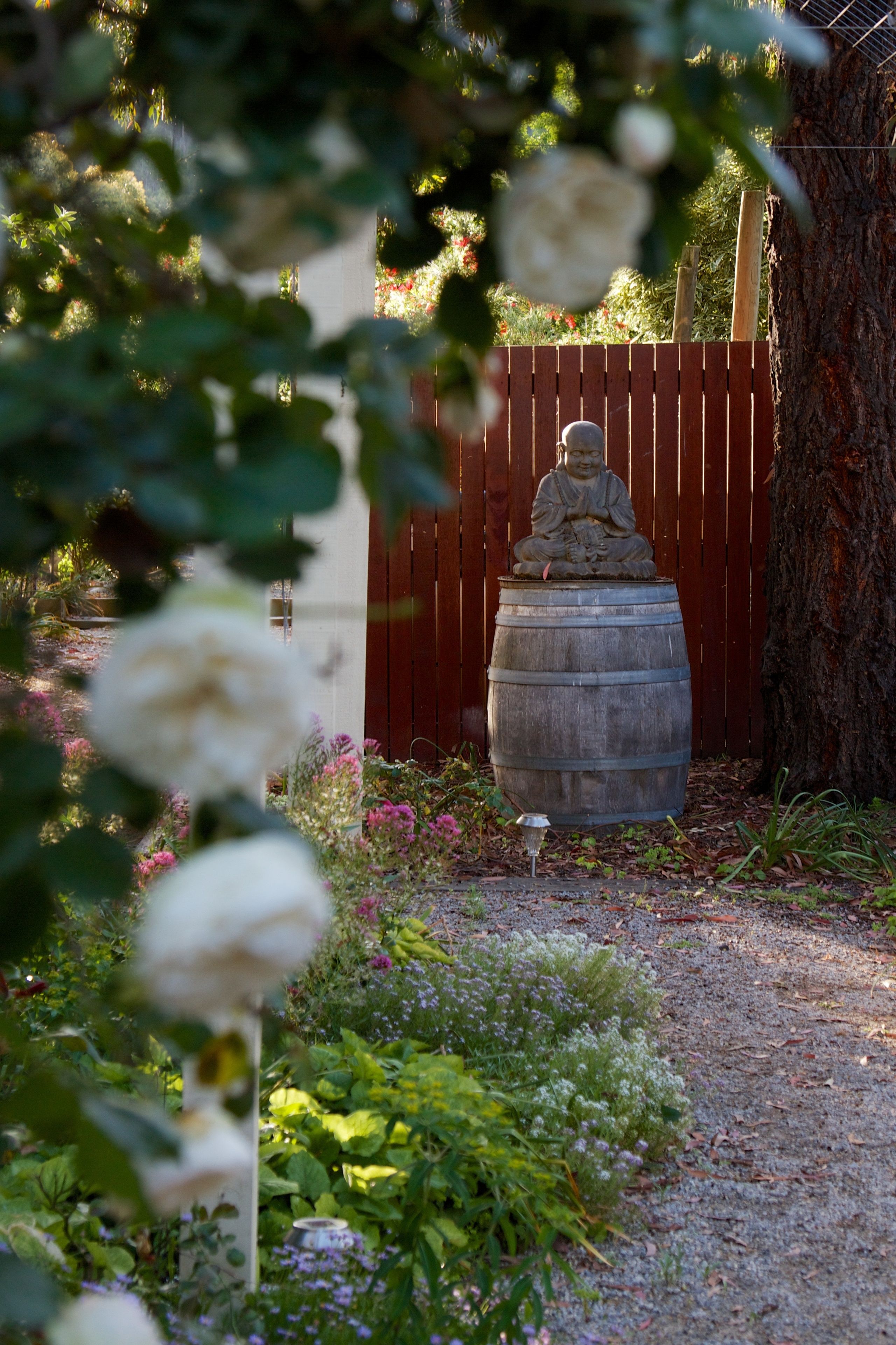 Un jardin avec une clôture en bois, un grand arbre et une statue de Bouddha posée sur un tonneau.