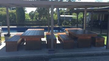 An outdoor seating area with wooden tables and benches under a covered structure.